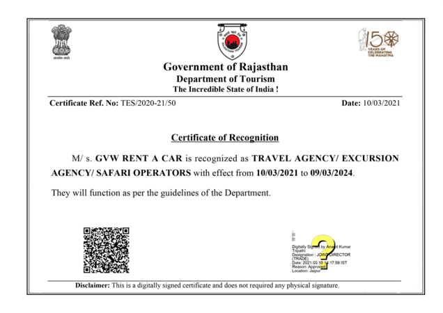 certificate of recognition by Government of Rajasthan for GVW Rent A Car